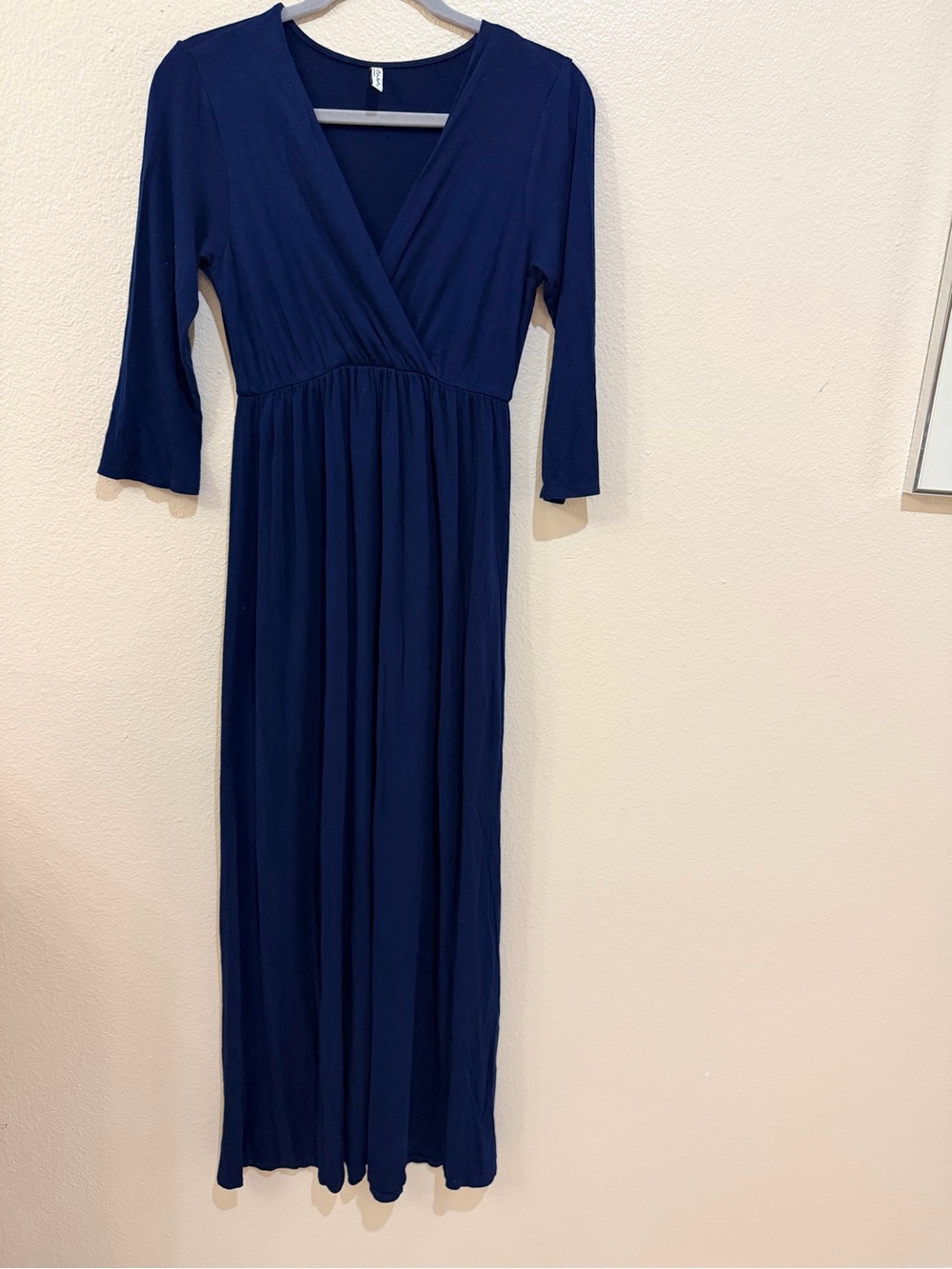 Mother Bee Maternity Navy Blue Faux Wrap Maxi Dress 3/4 Sleeve Size S Excellent
